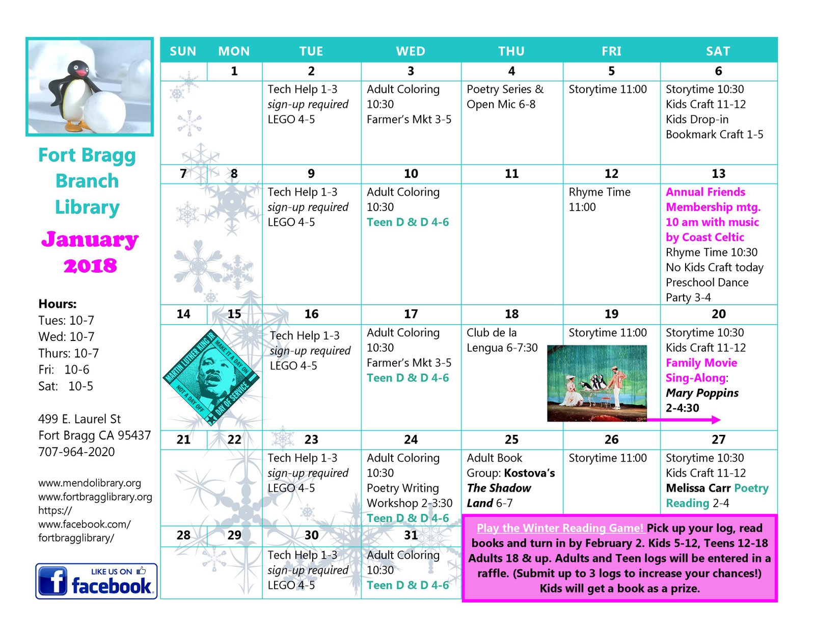 January Calendar of Events 2018 Fort Bragg Library