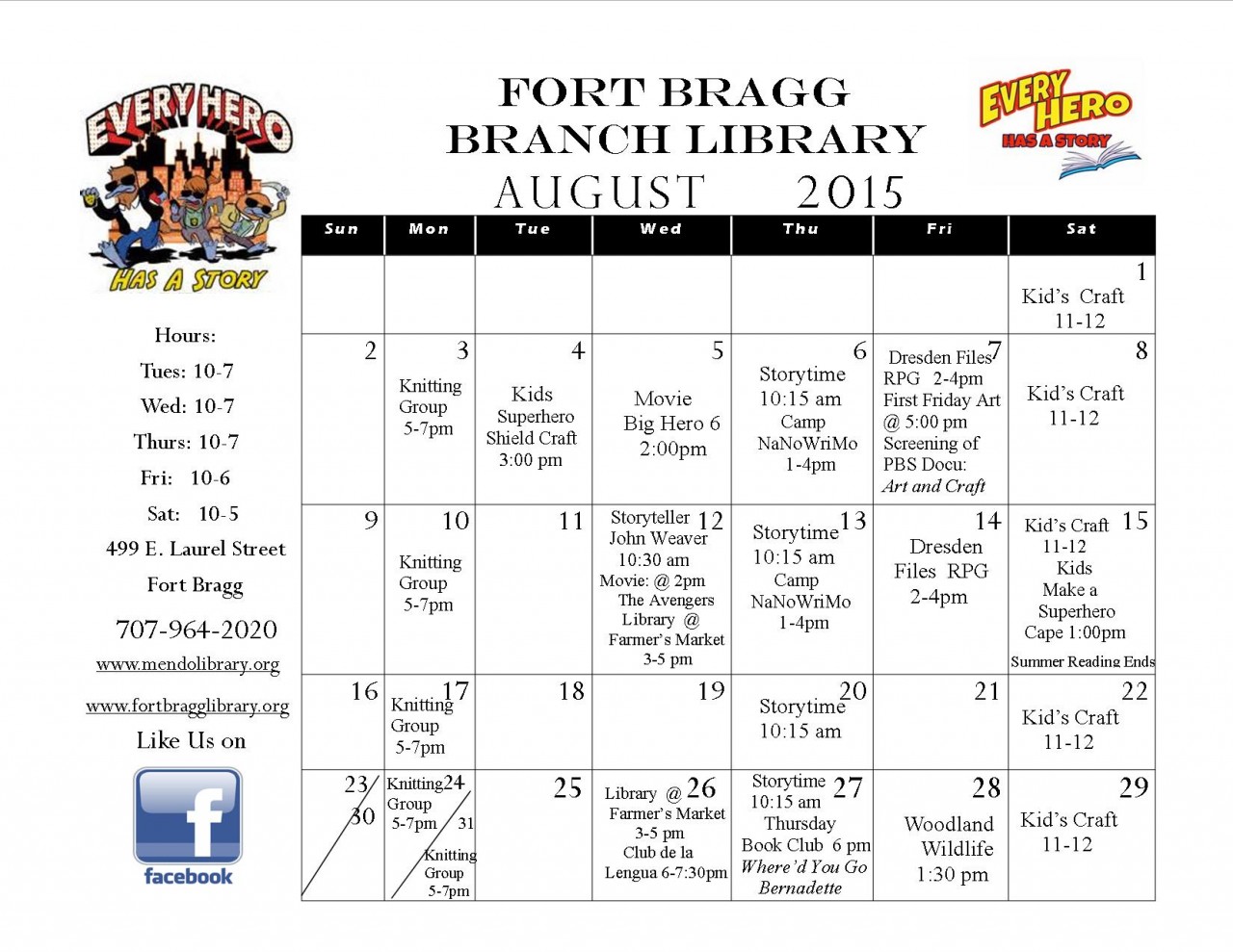 August Calendar Fort Bragg Library