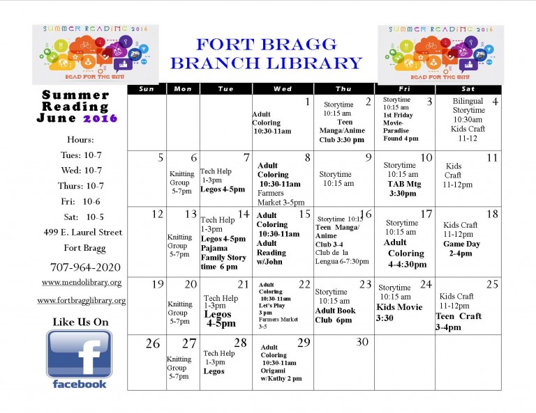 June Calendar Fort Bragg Library