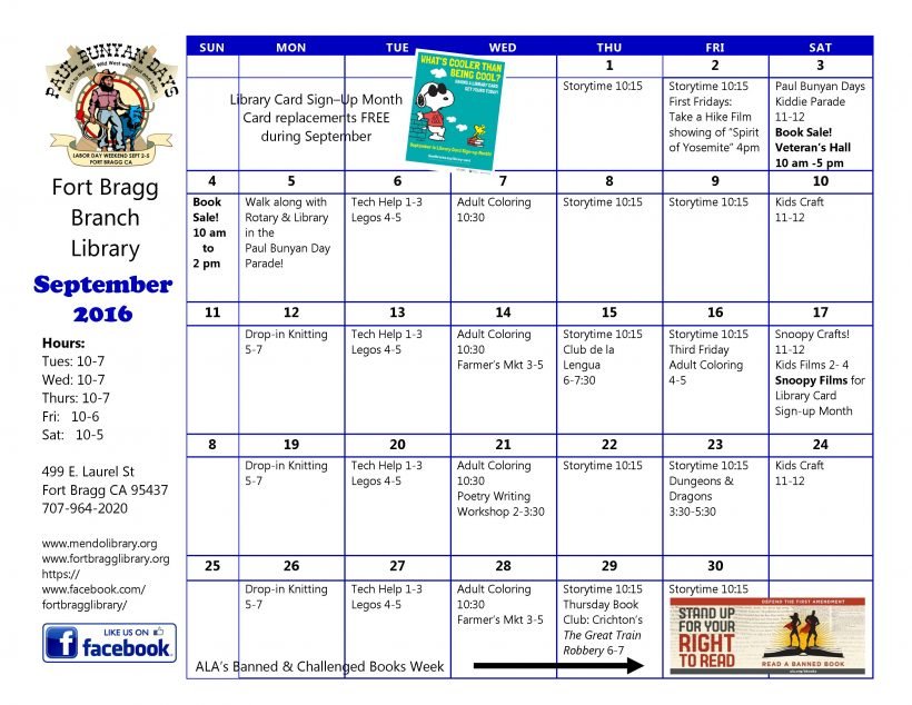 CALENDARSEPTEMBER2016 Fort Bragg Library