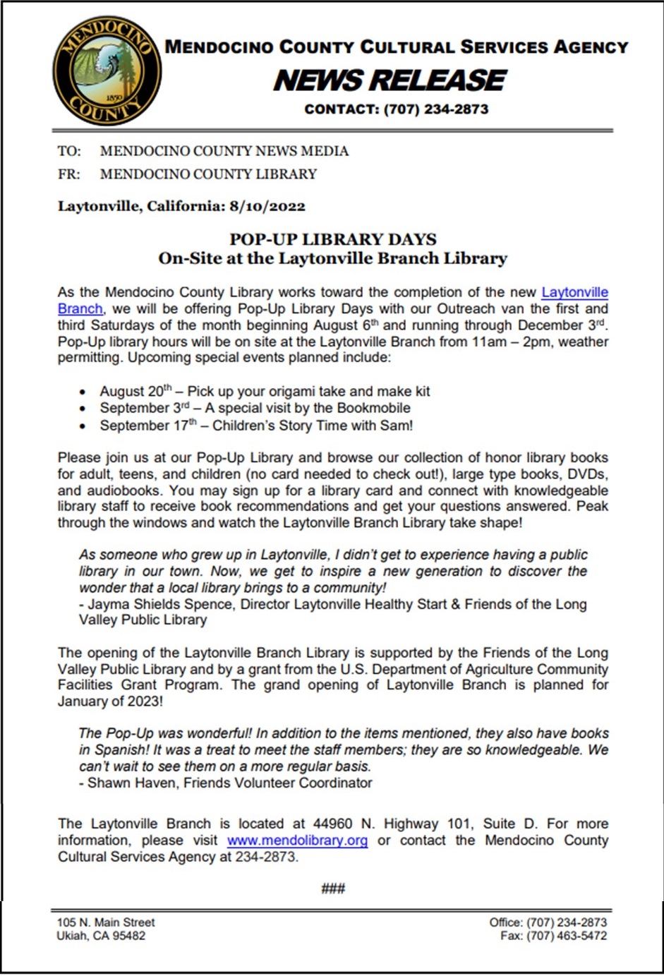 Laytonville pop-up library press release