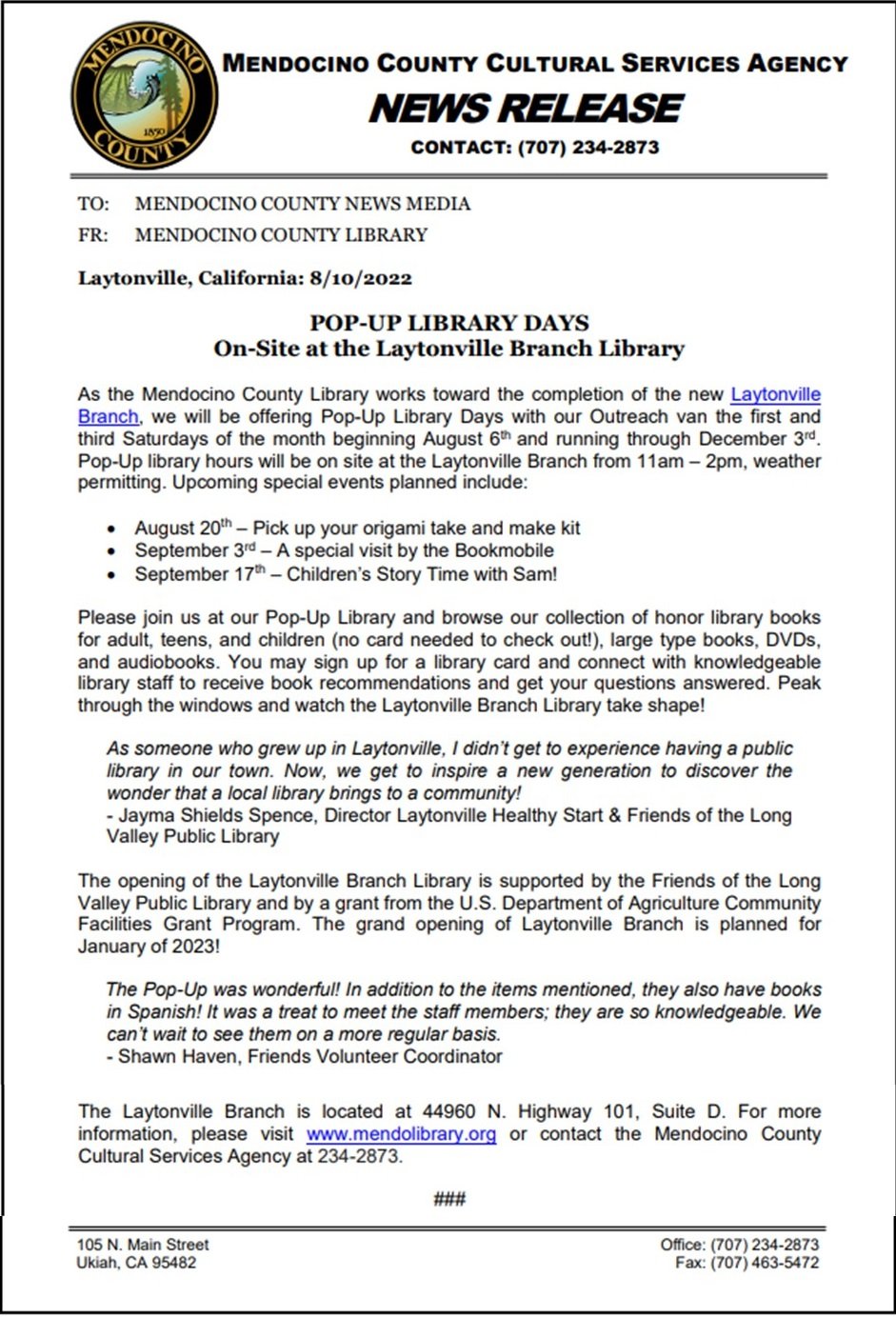 Laytonville pop-up library press release